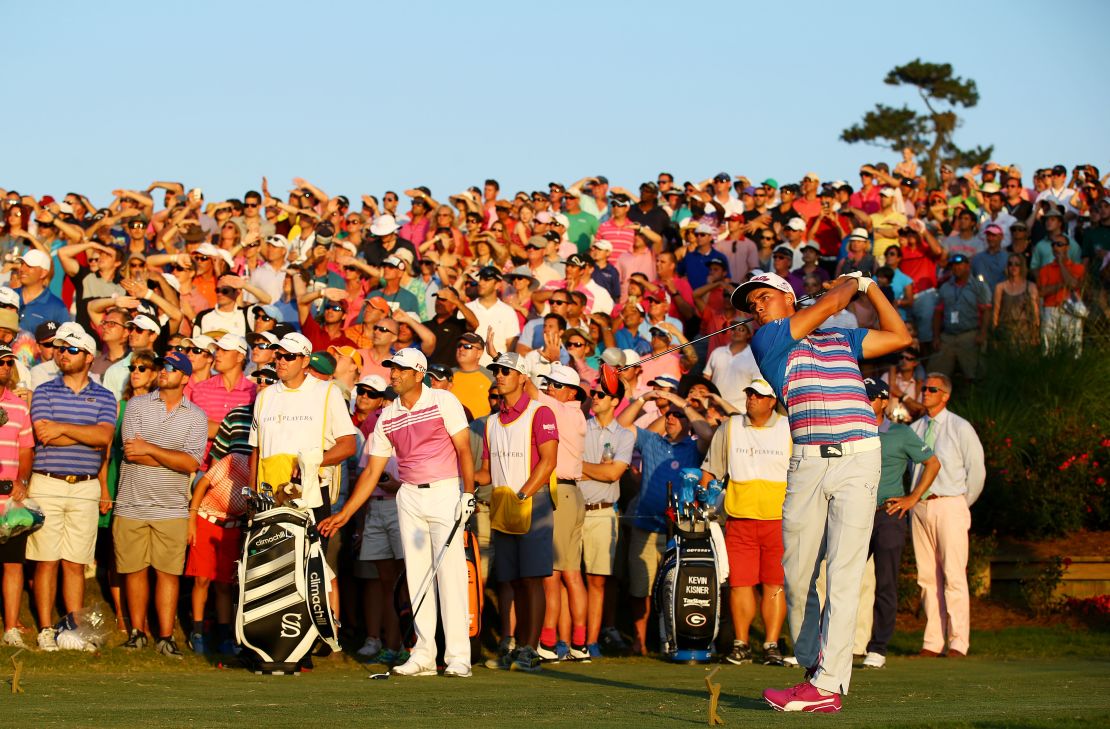 Rickie Fowler tees off at 18 in a playoff for the 2015 Players title. 