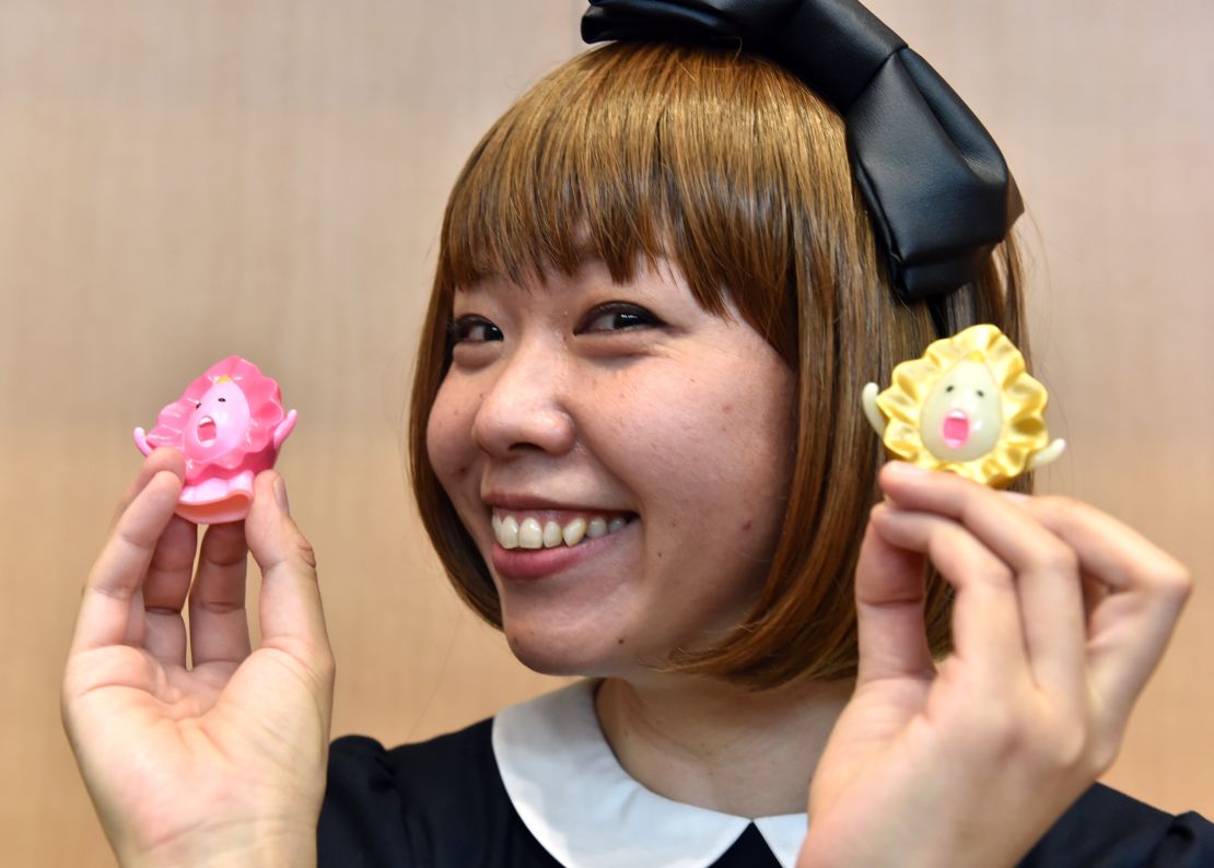 Japanese artist Megumi Igarashi shows small mascots shaped to represent a vagina  on April 15, 2015. 