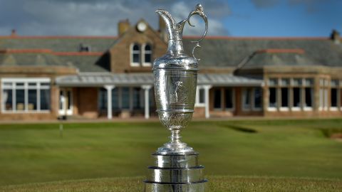 The famous Claret Jug in front of The Royal Troon Club House.