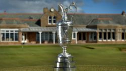 TROON, SCOTLAND - APRIL 26: The Claret Jug in front of The Royal Troon Club House during the Open Championship Media Day at Royal Troon on April 26, 2016 in Troon, Scotland. (Photo by Mark Runnacles/Getty Images)
