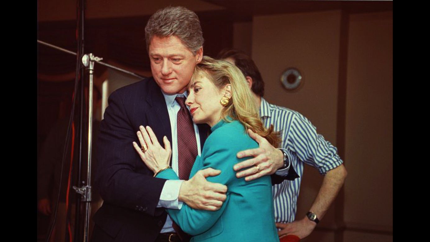 Bill Clinton comforts his wife on the set of "60 Minutes" after a stage light broke loose from the ceiling and knocked her down in January 1992.