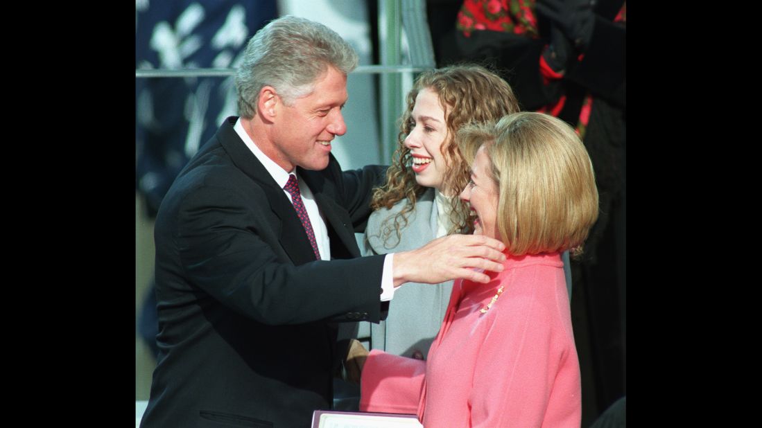 The Clintons hug as Bill is sworn in for a second term as President.