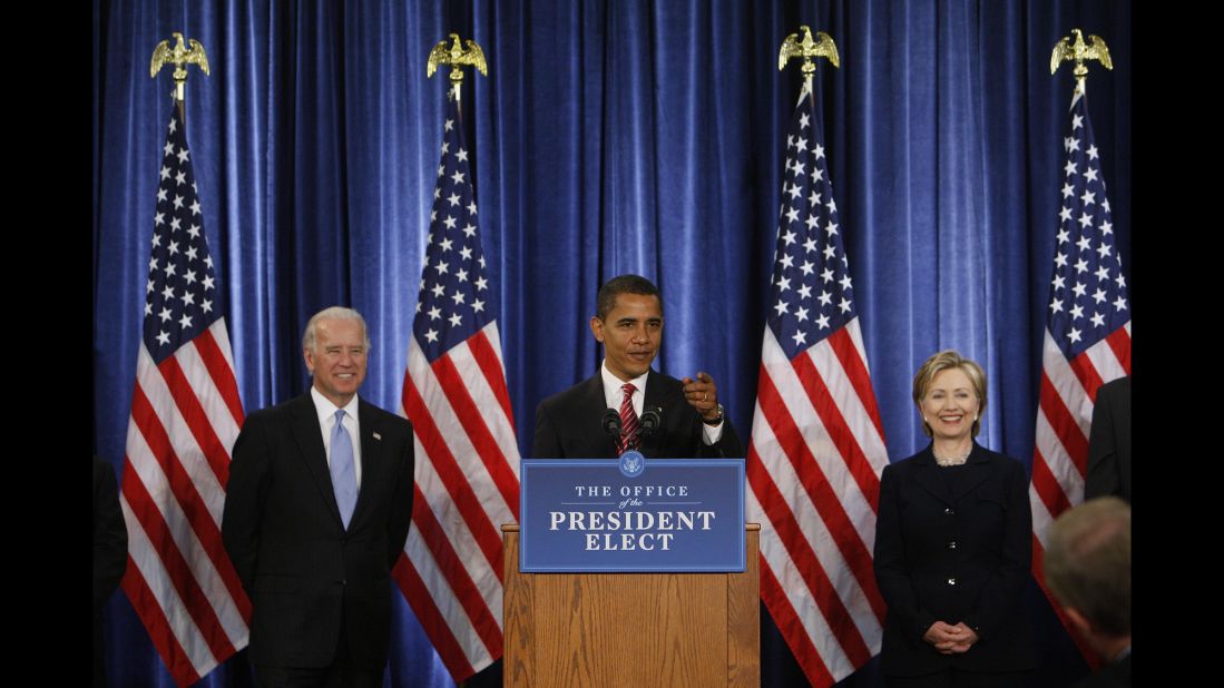 Obama is flanked by Clinton and Vice President-elect Joe Biden at a news conference in Chicago in December 2008. He had designated Clinton to be his secretary of state.