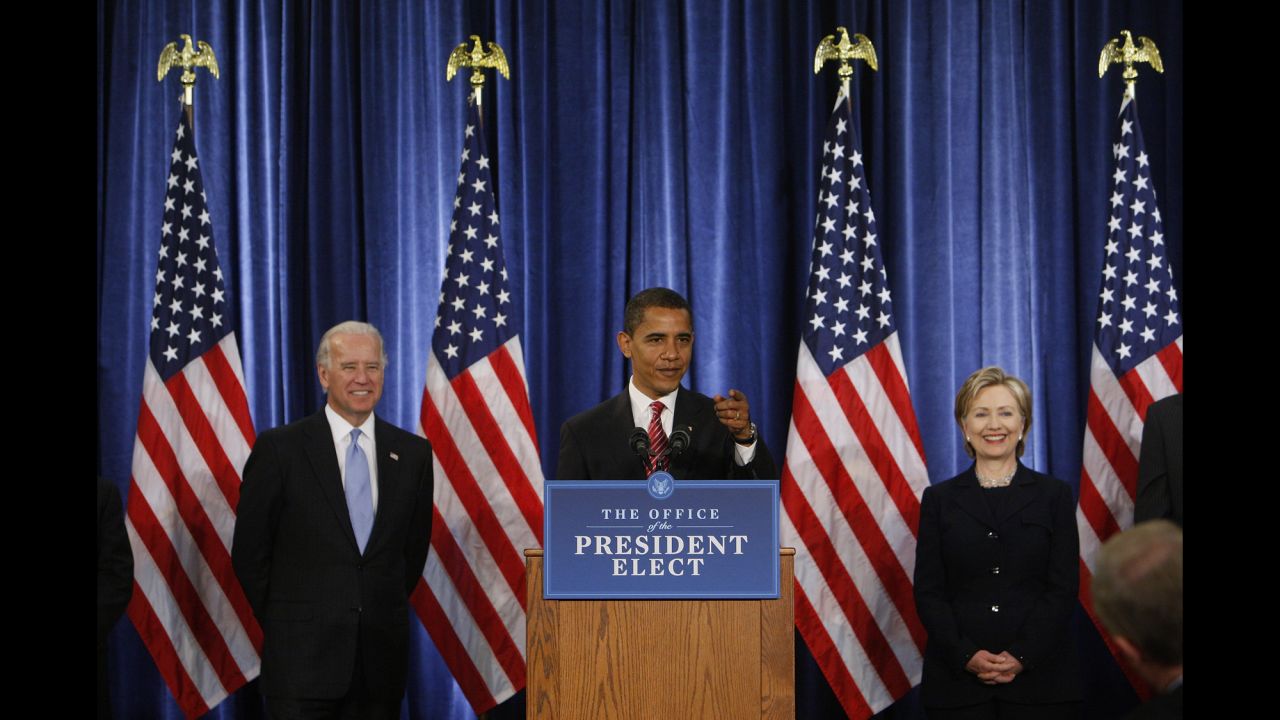 Obama is flanked by Clinton and Vice President-elect Joe Biden at a news conference in Chicago in December 2008. He had designated Clinton to be his secretary of state.