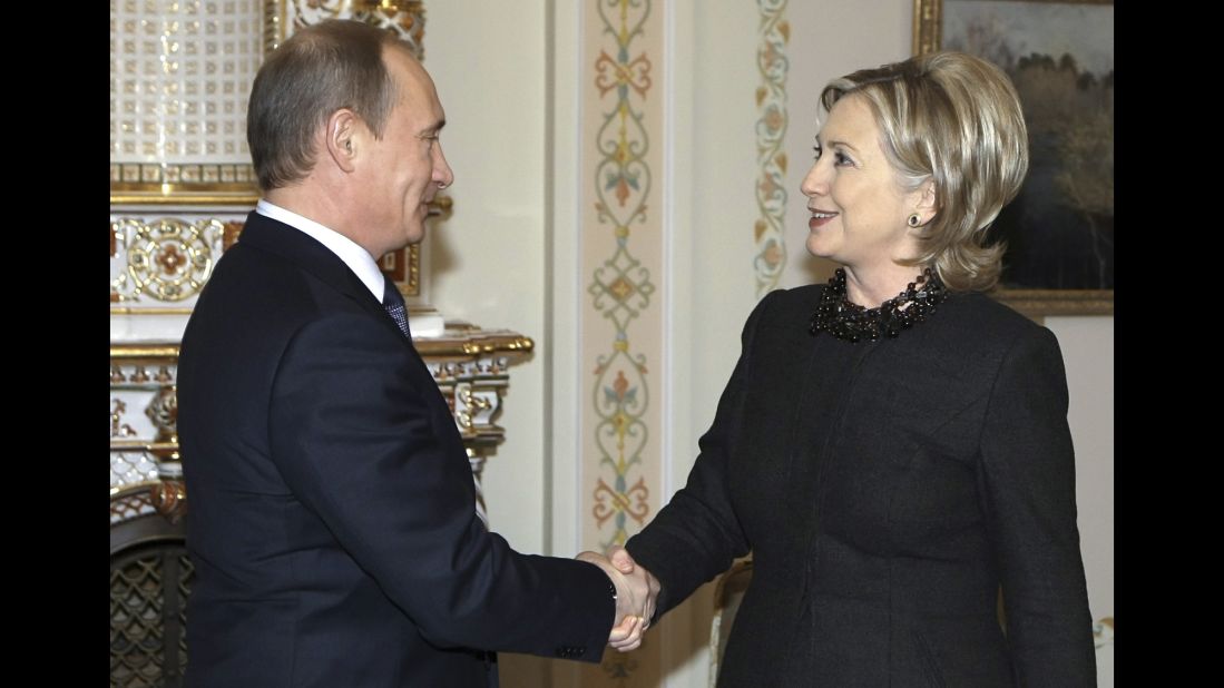 Clinton, as secretary of state, greets Russian Prime Minister Vladimir Putin during a meeting just outside Moscow in March 2010.