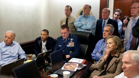 President Barack Obama, Vice President Joe Biden, Secretary of State Hillary Clinton and members of the national security team receive an update on the mission against Osama bin Laden on May 1, 2011.