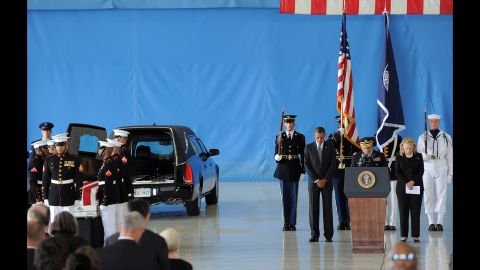 Obama and Clinton bow during the transfer-of-remains ceremony marking the return of four Americans, including U.S. Ambassador Christopher Stevens, who were killed in Benghazi, Libya, in September 2012.