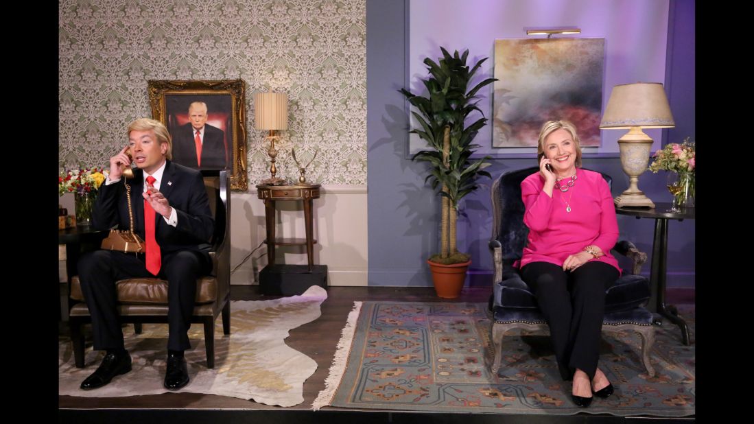 Clinton, now running for President again, performs with Jimmy Fallon during a "Tonight Show" skit in September 2015.