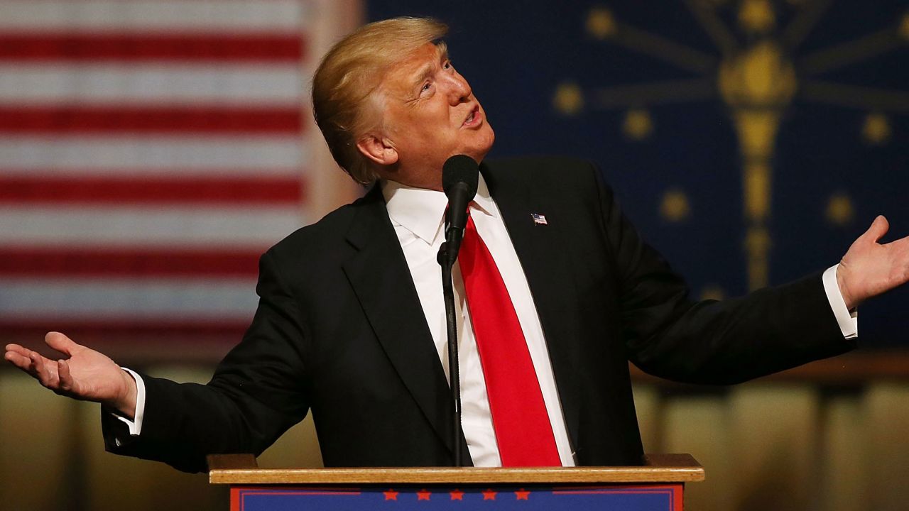 CARMEL, IN - MAY 02:  Republican presidential candidate Donald Trump speaks during a campaign stop at the Palladium at the Center for the Performing Arts on May 2, 2016 in Carmel, Indiana. Trump continues to campaign leading up to the Indiana primary on May 3.  (Photo by Joe Raedle/Getty Images)