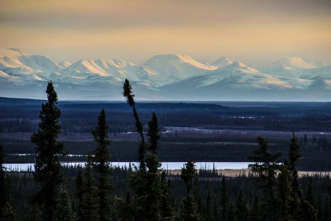 For many travelers, the Wrangell Mountains (here from the Alaska Highway between the Canadian border and Tok, Alaska) offer the first encounter with giant mountains inside Alaska. 