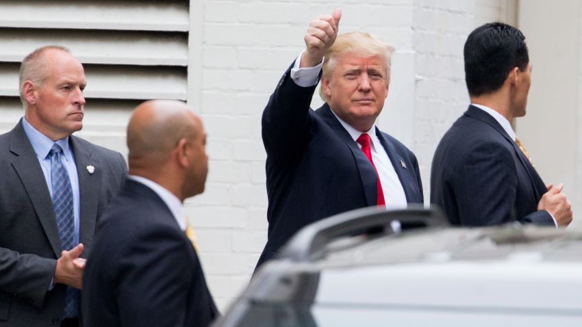 Republican presidential candidate Donald Trump gives a thumbs up as he arrives for a meeting with House Speaker Paul Ryan of Wis., at the Republican National Committee Headquarters on Capitol Hill in Washington, Thursday, May 12, 2016. Trump and Ryan are sitting down face-to-face for the first time, a week after Ryan stunned Republicans by refusing to back the mercurial billionaire for president.