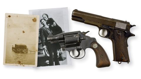 Bonnie Parker and Clyde Barrow, the notorious couple who murdered and robbed their way to infamy in the 1930s, were gunned down by police in Louisiana in 1934. A Colt .38 snub-nosed revolver was found taped to Parker's inner thigh, and a Colt .45 was found on Barrow's waistband. In 2012, Parker's weapon was sold at auction for $264,000, and the other sold for $240,000.