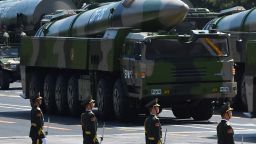 (FILES) This file photo taken on September 3, 2015 shows Chinese military vehicles carrying DF-26 ballistic missiles participating in a military parade at Tiananmen Square in Beijing to mark the 70th anniversary of victory over Japan and the end of World War II. China will raise its defence spending by seven to eight percent this year, a top official said on March 4, as Beijing asserts its territorial claims in the South China Sea.       AFP PHOTO / FILES / GREG BAKERGREG BAKER/AFP/Getty Images
