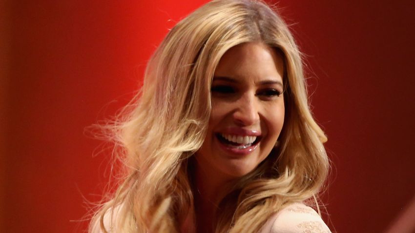 DES MOINES, IA - JANUARY 28: Ivanka Trump, the daughter of Republican presidential candidate Donald Trump, laughs and holds her stomach, as her father jokes about her pregnancy whilst speaking to veterans at Drake University on January 28, 2016 in Des Moines, Iowa. Donald Trump held his alternative event to benefit veterans after withdrawing from the televised Fox News/Google GOP debate which airs at the same time. (Photo by Christopher Furlong/Getty Images)