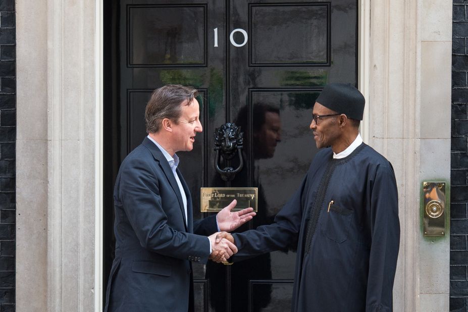 British Prime Minister David Cameron and Nigeria's President  Muhammadu Buhari shake hands. Cameron recently called Nigeria "fantastically corrupt" in comments before an anti-corruption summit in London. 