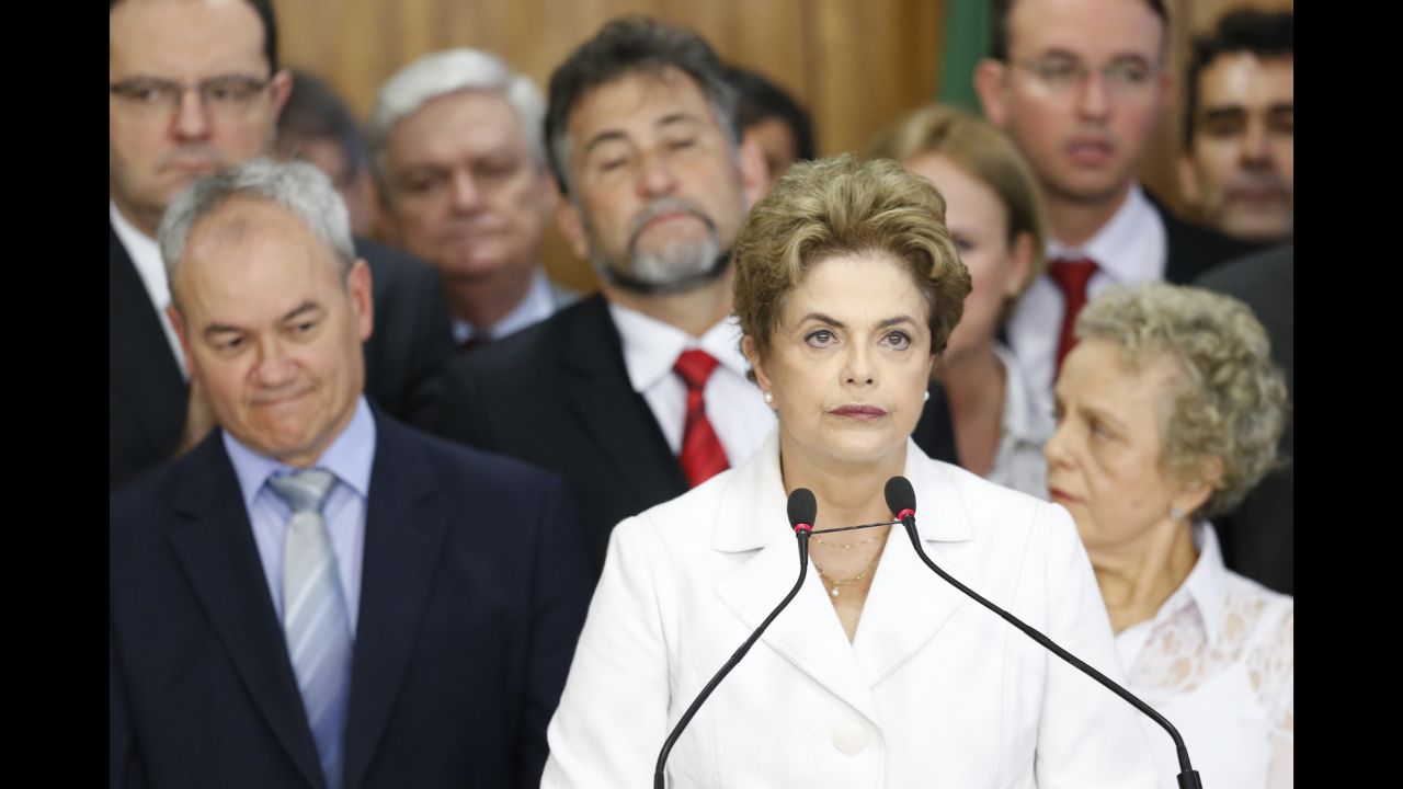 Suspended Brazilian President Dilma Rousseff speaks to supporters 