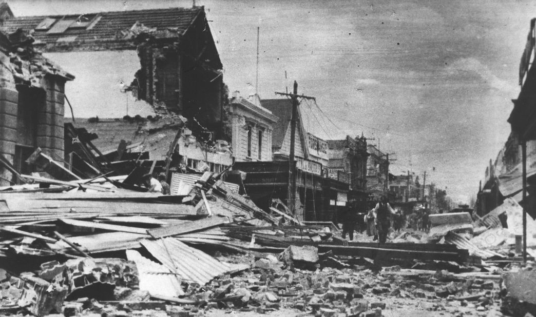 The town was almost destroyed by the Hawke's Bay earthquake in 1931. This image was taken on Emerson Street before a subsequent fire caused even more destruction. Thousands of people across the district were injured and 161 people in Napier died. 