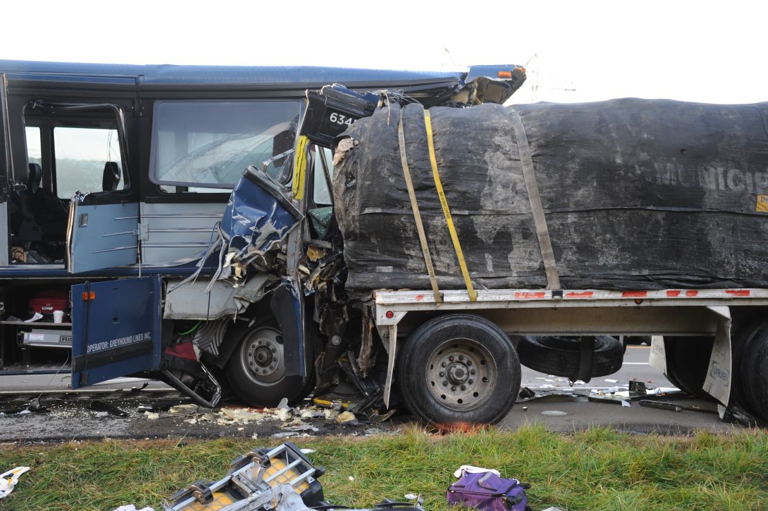 The Greyhound bus slammed into the back of a tractor-trailer.