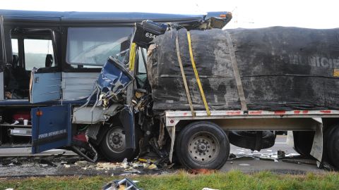 The Greyhound bus slammed into the back of a tractor-trailer.