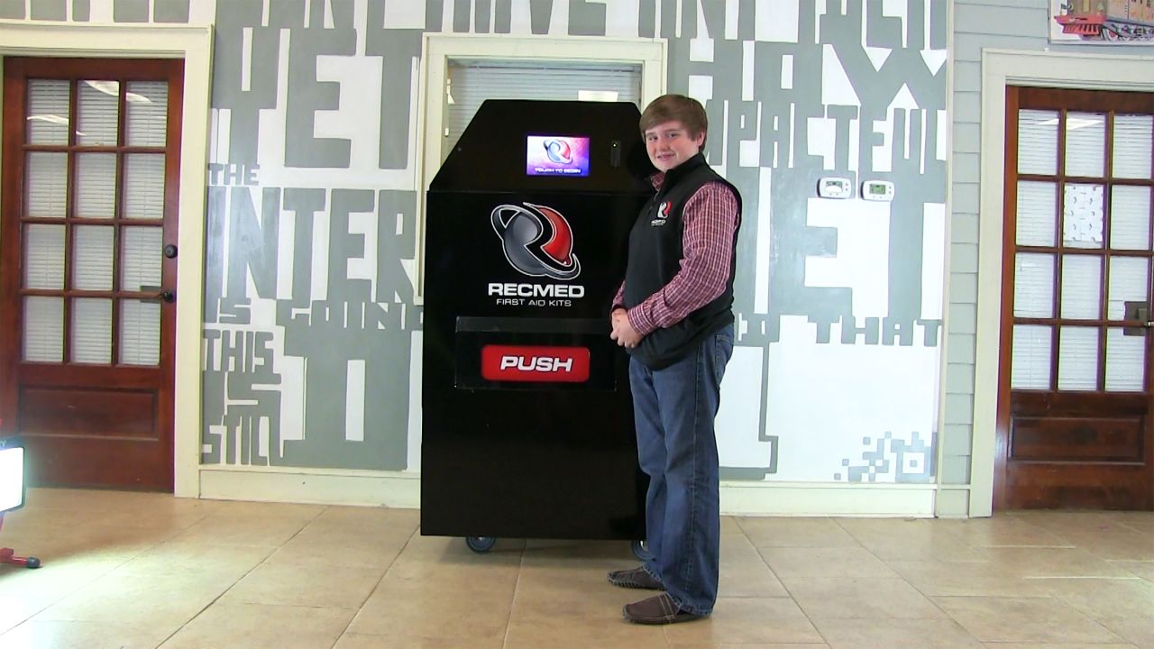 Still in development, RecMed vending machines offer first-aid supplies. Taylor Rosenthal came up with the idea for a middle school project and is now working with Six Flags theme parks.