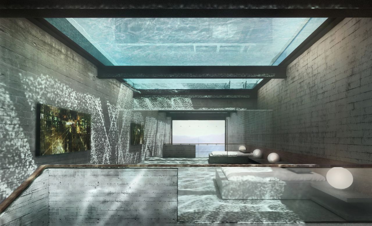 The build will feature a glass bottomed pool on its roof, allowing light to travel into the living spaces. 