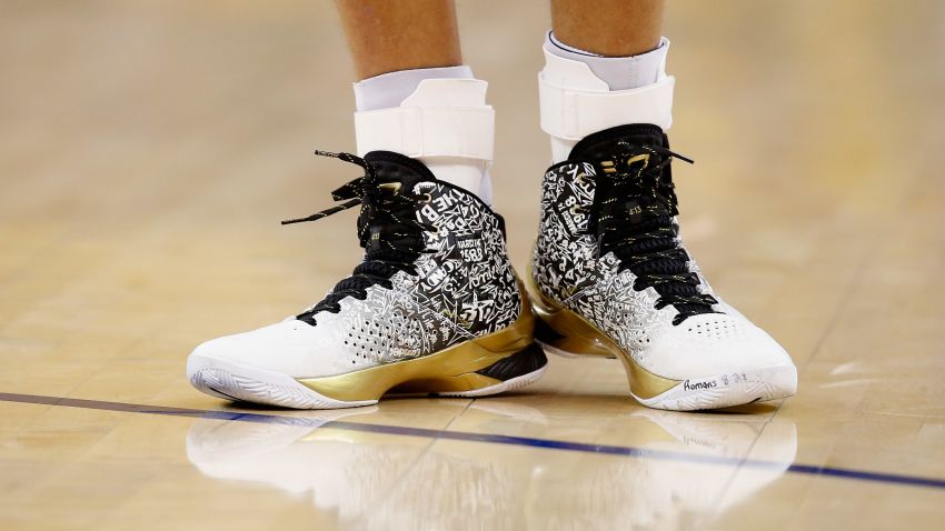 OAKLAND, CA - MAY 11:  A close-up of the Under Armour shoes Stephen Curry #30 of the Golden State Warriors wore during their game against the Portland Trail Blazers in Game Five of the Western Conference Semifinals during the 2016 NBA Playoffs on May 11, 2016 at Oracle Arena in Oakland, California.  NOTE TO USER: User expressly acknowledges and agrees that, by downloading and or using this photograph, User is consenting to the terms and conditions of the Getty Images License Agreement.  (Photo by Ezra Shaw/Getty Images)