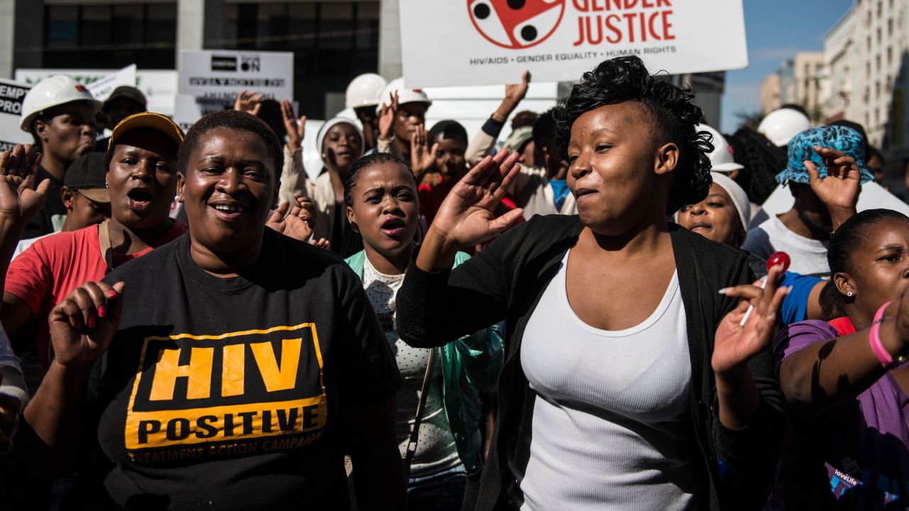 Supporters of miners gather outside court in Johannesburg.