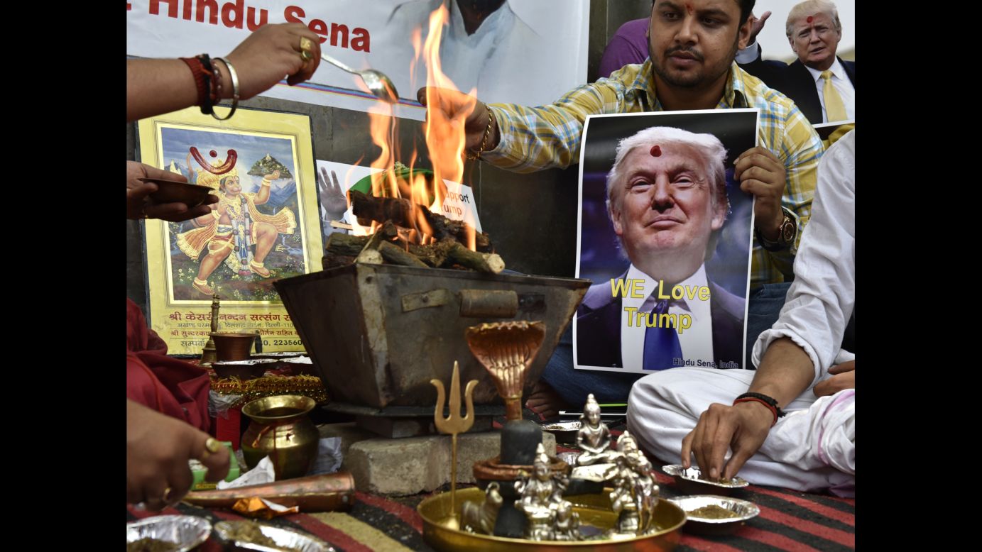 Activists in New Delhi chant mantras on Wednesday, May 11, invoking the Hindu gods to help Donald Trump win the upcoming U.S. presidential election. Trump's remarks on terrorist groups abroad have earned him some fans in faraway India.