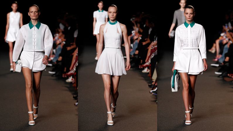 Alexander Wang reinterprets Adidas' cult classic Stan Smith tennis sneaker, transforming its signature texture and white-and-green colorways into perforated tennis dresses for Spring-Summer 2015.  