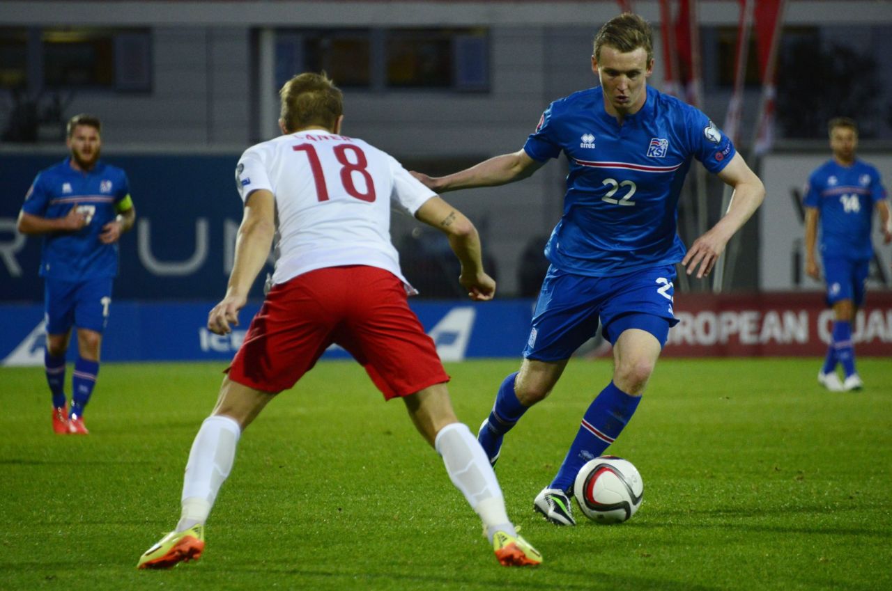 Forward Jon Dadi Bodvarsson (right) takes on a Turkish defender during the Euro 2016 qualifier in September 2014. Iceland won the match 3-0, giving them a the perfect start to what would become a fairytale qualifying campaign.