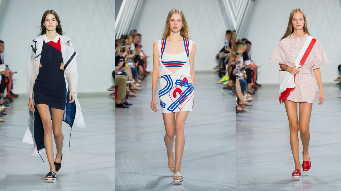 Gearing up for the Rio Olympics, Lacoste's creative director Felipe Oliveira Baptista presented a catwalk collection of graphic sportswear draped in billowing flags for Spring-Summer 2016. 