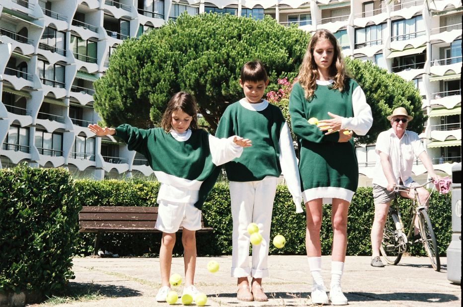 French designer Simon Porte Jacquemus referenced a playful childhood spent in the seaside town of La Grande Motte in the south of Franc, with his tennis socks and sneakers teamed with easy sportswear separates and patterns alluding to the town's outlandish Jean Balladur architecture. 