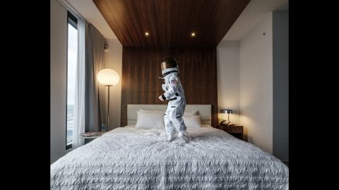 Sheldon wrote creative captions for each photo that compares his son's experiences to those of real-life astronauts. He called this one, taken at a luxury hotel, "weightless environment training." Sheldon said the hotel was Harrison's favorite place to shoot: "He keeps asking to go back there and take pictures."