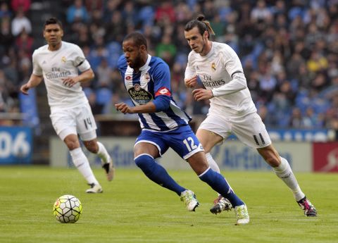Deportivo's Sidney fights for the ball with Real Madrid's Gareth Bale, who was substituted before the end of the match with the Champions League final still to come for his side.  