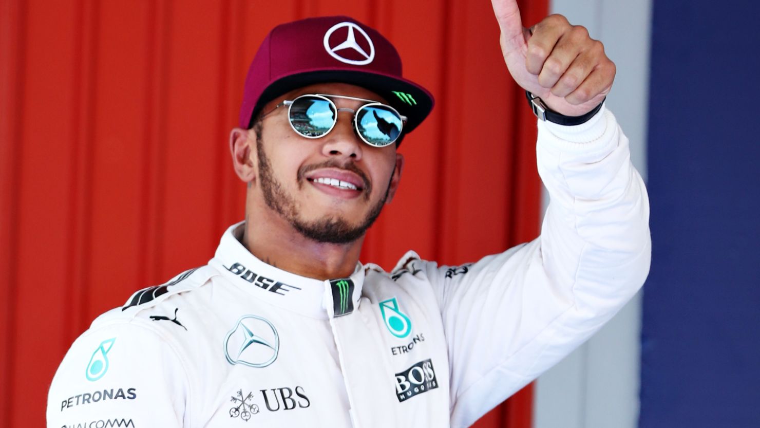 A thumbs up from Lewis Hamilton after taking pole position for the Spanish Grand Prix in Barcelona. 
