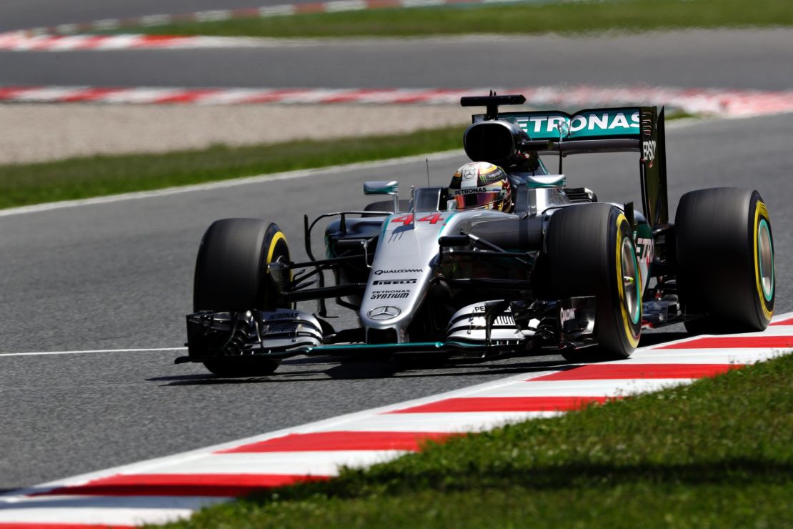 Hamilton in action during his successful afternoon at the Circuit de Catalunya. 