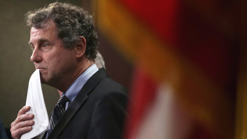 Sen. Sherrod Brown (D-OH) pauses during a news conference on currency and trade February 10, 2015 on Capitol Hill in Washington, DC. 