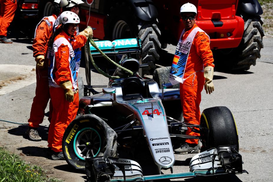 The mangled remains of Lewis Hamilton's car following his first-lap crash with Mercedes teammate Nico Rosberg.
