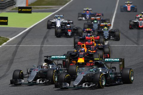 But the Dutch teen only wins after the Mercedes rivals took each other out on the opening lap at the Circuit de Catalunya.