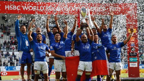 Samoa's players celebrate their shock victory at the Paris Sevens after overcoming Fiji in the final.
