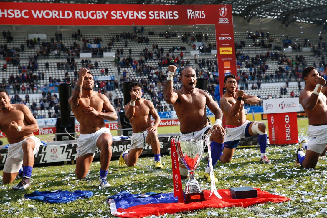 Samoa players perform a traditional haka to celebrate their victory at the Paris Sevens.