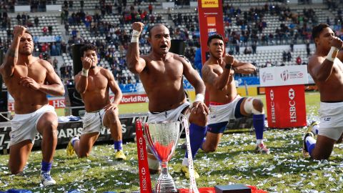Samoa players perform a traditional haka to celebrate their victory at the Paris Sevens.