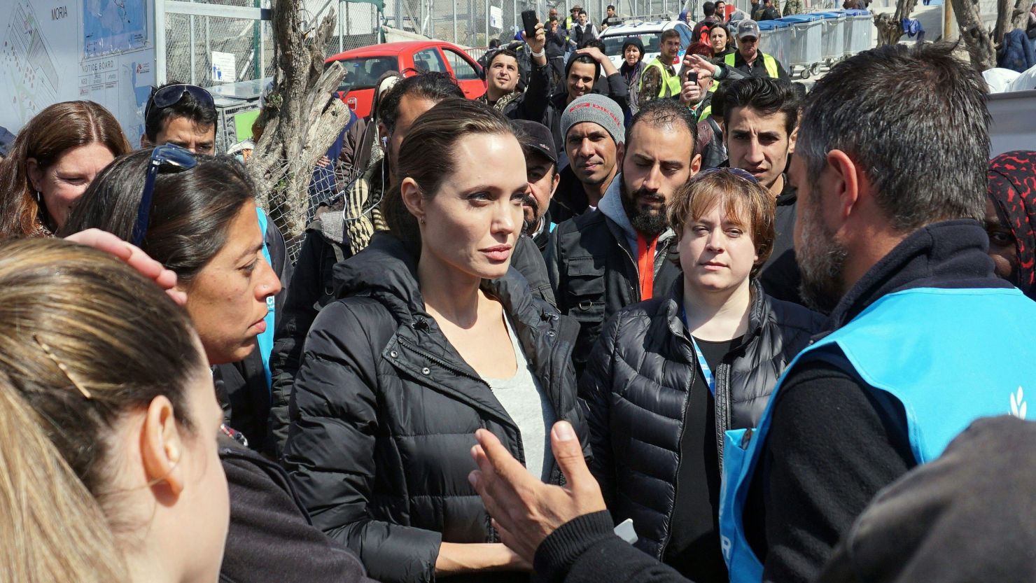 Hollywood star and UN special envoy Angelina Jolie (C) visits a refugee camp in Greece.