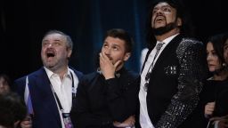 Russia's Sergey Lazarev (C) reacts during the final vote counting during the Eurovision Song Contest final at the Ericsson Globe Arena in Stockholm, on May 14, 2016.