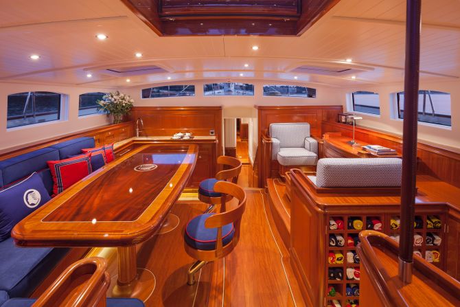The elegant lines, well-developed deck plan with the steering wheel in the aft cockpit, good internal layout and quality finishing stood out.