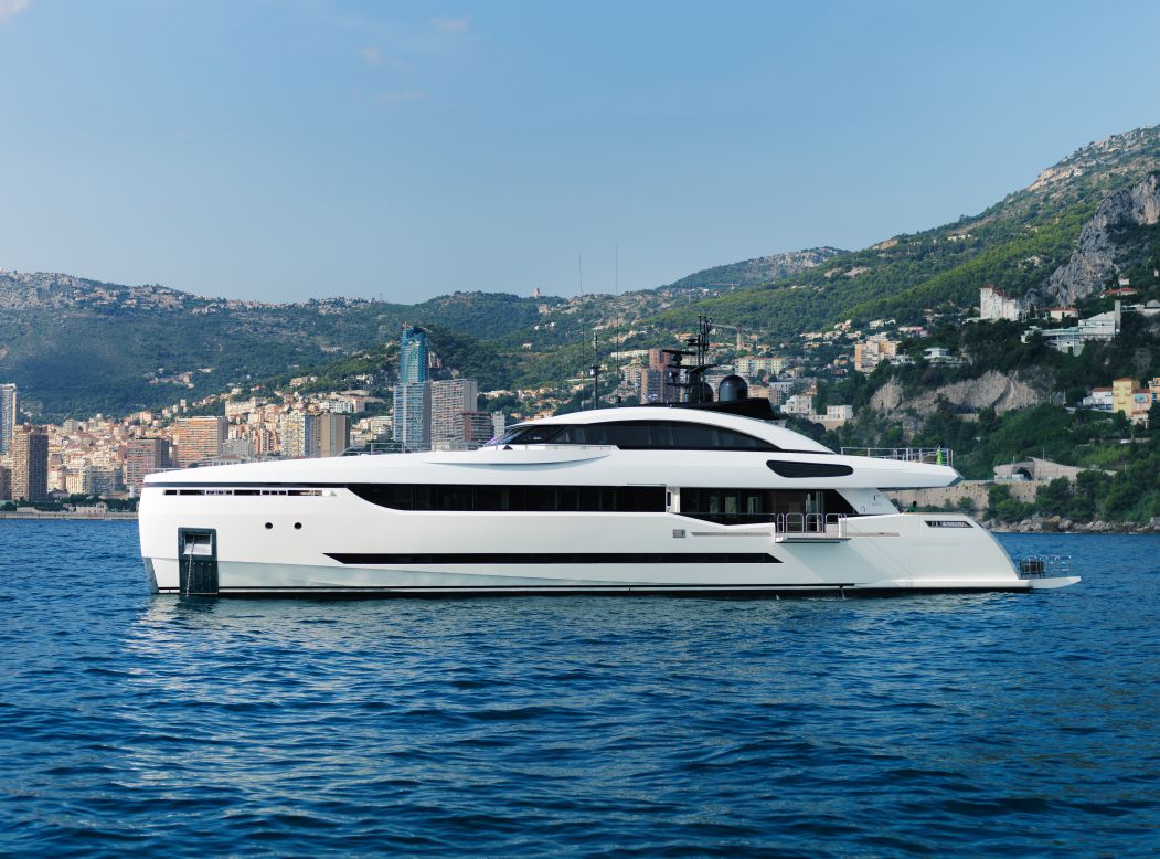 The 40.1-meter all-aluminum Divine is for sale and can be yours for about €14.8 million ($16.7 million). It has fold-down bulwarks that form side balconies and a sophisticated hybrid propulsion system.