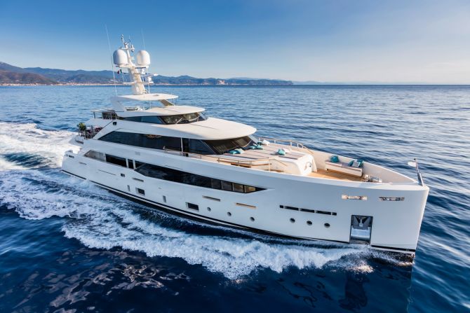 The 42.3m entry from Italian shipyard Mondomarine displays "modern yet extremely harmonious exterior lines that perfectly match her interior." It gives the owner private use of the entire upper deck, along with four guest cabins below.