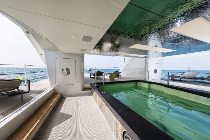 Its stern beach club features a tender dock and seven-meter swimming pool, helping win an additional commendation for technology and innovation.
