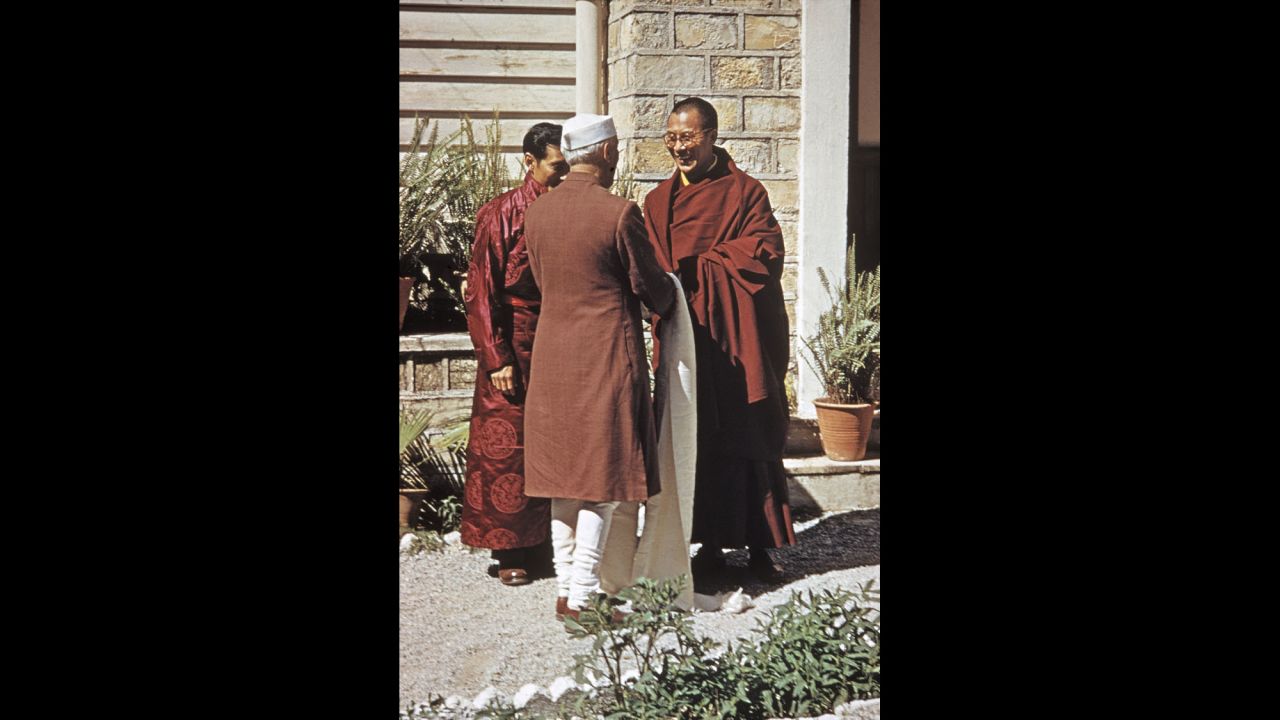 Indian Prime Minister Jawaharlal Nehru visits the Dalai Lama at the Birla House.