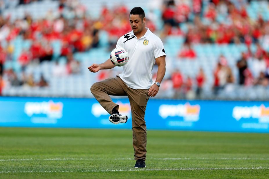 A keen Liverpool FC fan, Hayne shows his soccer skills before an exhibition match in Sydney on January 7, 2016.
